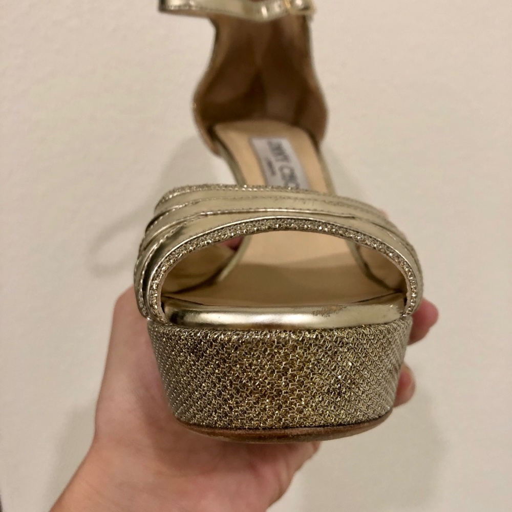 Jimmy Choo Gold Metallic Leather Platform Sandal Heels - Picture 9 of 9